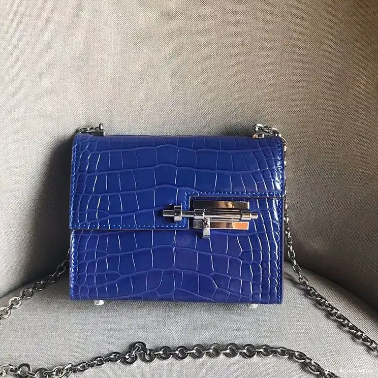 Leather Bag Palladium Hardware In Alligator Hermes Verrou Mini Chaine Blue 0505